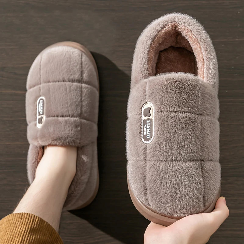 Men's slippers Winter Solid Color Wrap Heels Plush Slippers Non-slip Warm Women Men Home Casual Cotton Shoes Big Size 50 51 - Smarsty