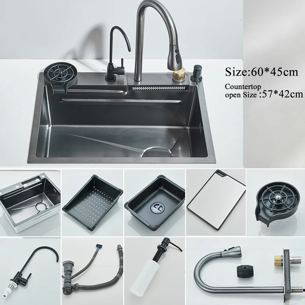 Large Stainless Steel Kitchen Sink with Digital Faucet Display - Smarsty