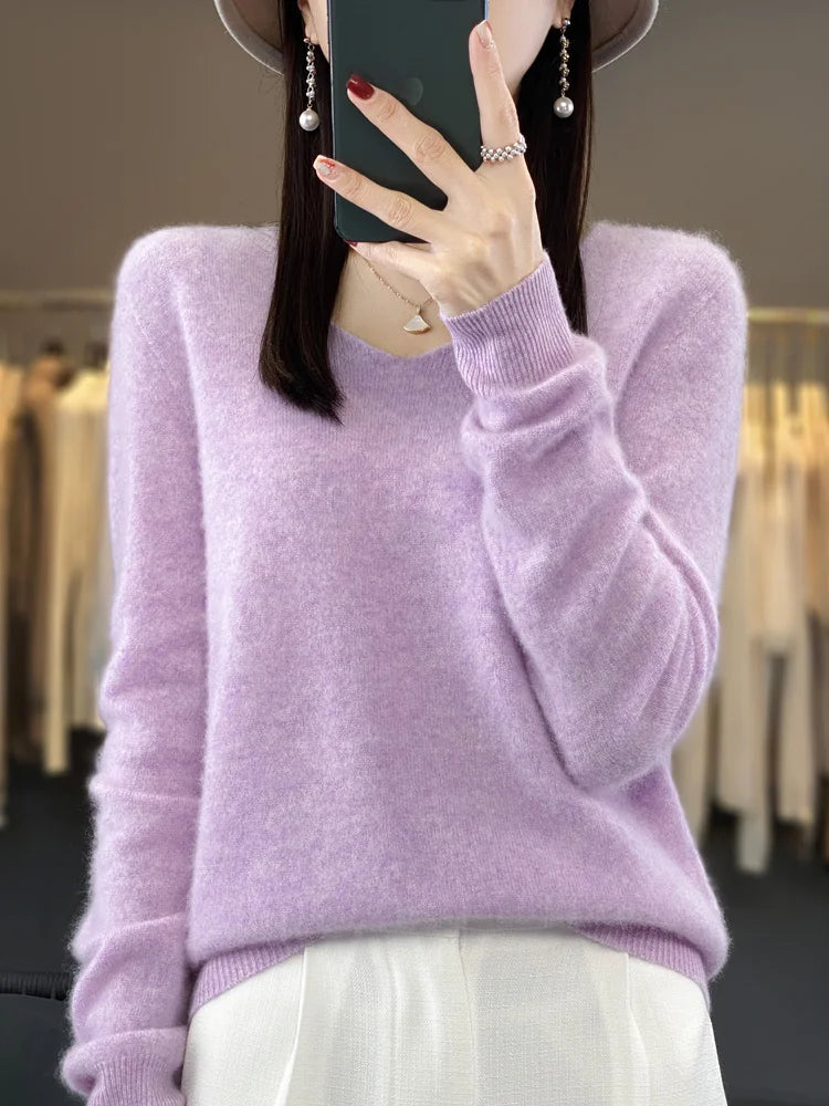 Fashion100% Merino Wool Sweater Cashmere Pullover Women Knitwear V-Neck Long Sleeve Autumn Winter Fashion Basic Clothing Tops - Smarsty