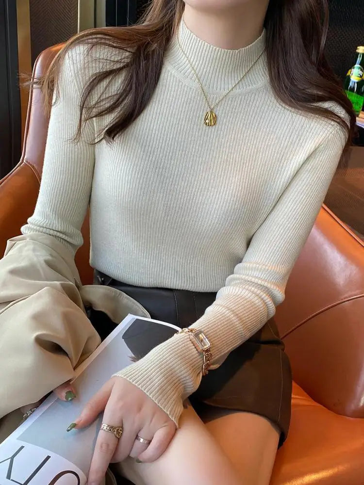 Autumn Winter Mock Neck Women Sweater Vintage Basic Solid Knitted Korean Tops Casual Slim Pullover Sweaters Simple Chic Jumpers - Smarsty