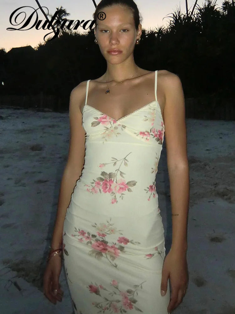 Dulzura Sexy Y2K Clothes Floral Print Sleeveless Backless Bodycon Maxi Dresses For Women 2023 Club Birthday Party Elegant Outfit - Smarsty