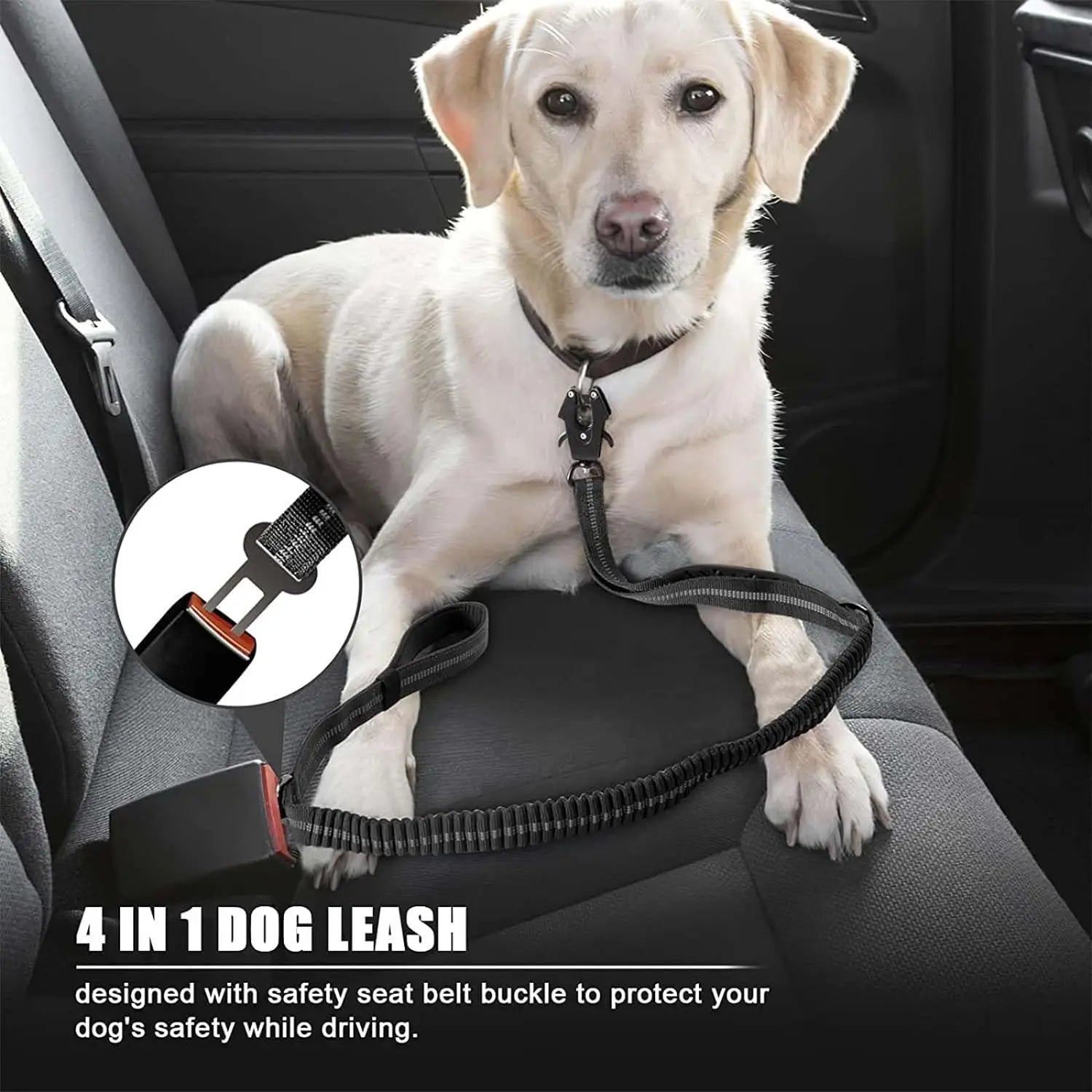 Reflective Bungee Dog Leash with Car Seatbelt Attachment - Smarsty
