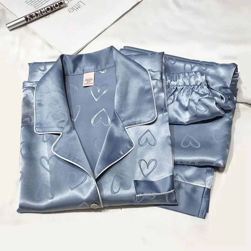 Ice Silk Pajamas Women's Long Sleeve Lace Premium Sense Two Piece Suit Sweet Homewear Love Blue Ladies Sleepwear Loungewear - Smarsty