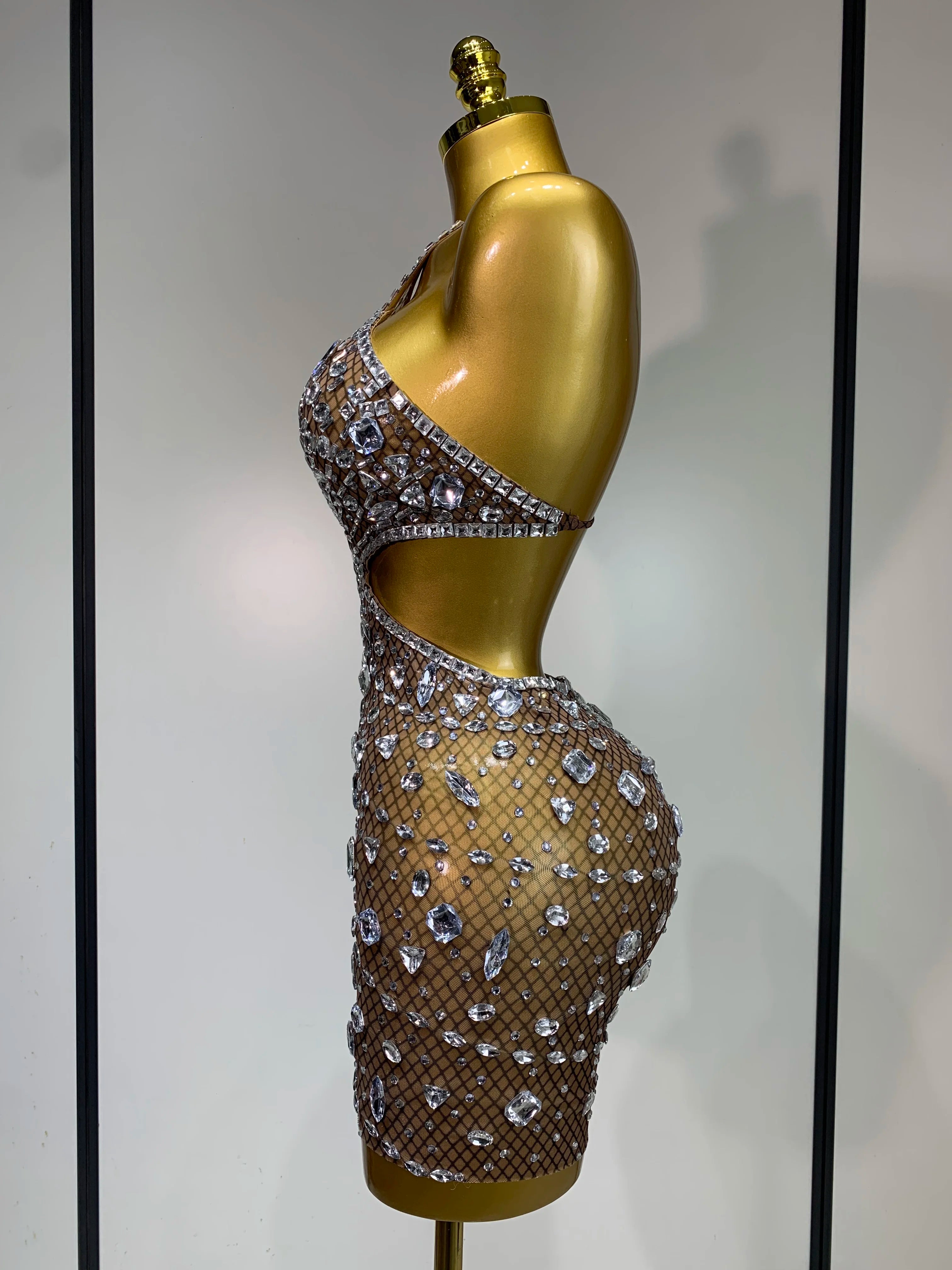 Sexy Sparkly Diamond Backless Short Dress 2025 Women Sleeveless Mesh See Through Evening Birthday Gown Singer Stage Outfit - Smarsty
