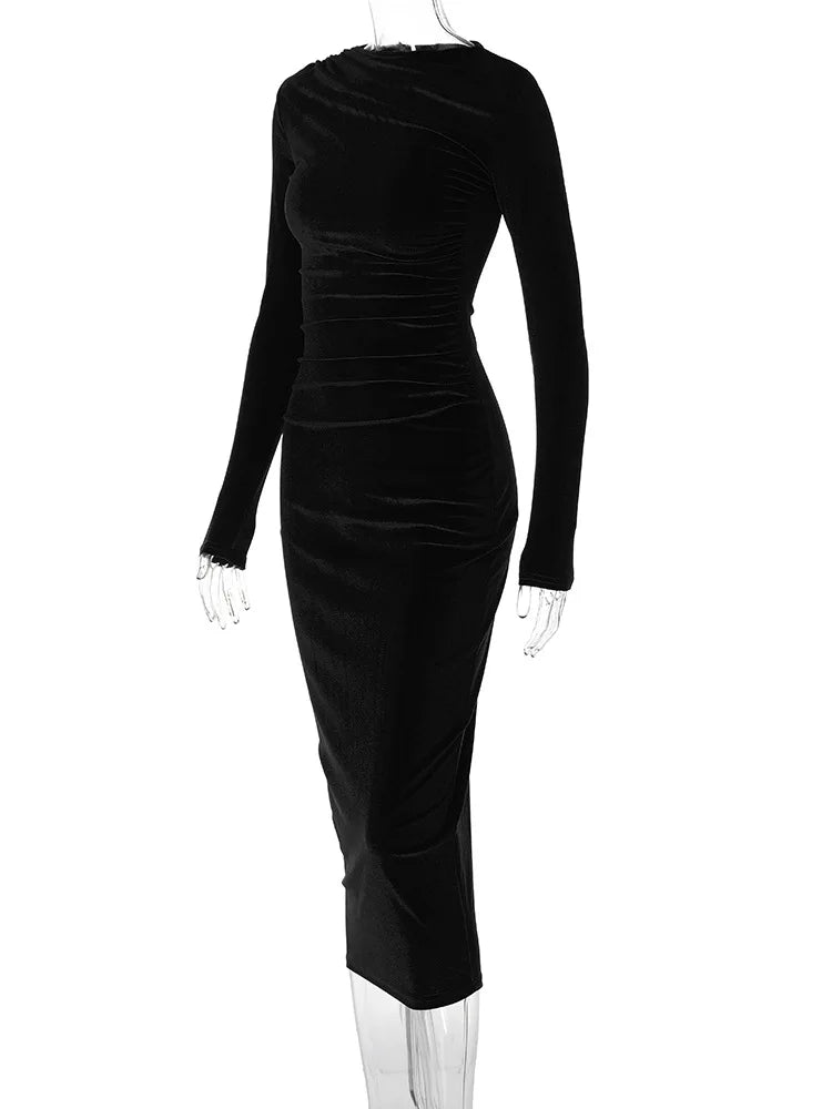Dulzura 2024 Spring Summer Velvet Long Sleeve Midi Dress For Women Ruched Long Dress Elegant Party Clothes Evening Green Outfits - Smarsty