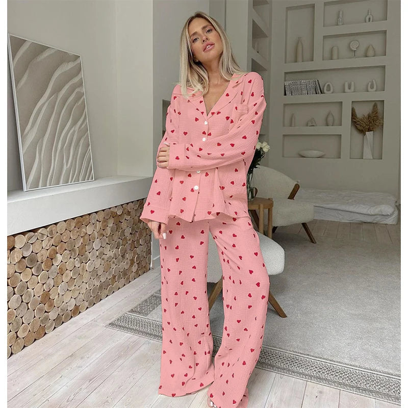 Summer New Love Heart Print Pyjama 100% Cotton Long Sleeve Set 2Pcs Outfit Lapel Sleepwear Button Down Women's Pajamas Nightwear - Smarsty