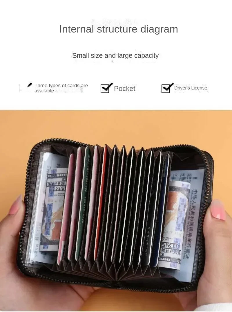 Multi Slot Card Holder Vintage Small Wallet Women Men Business Bank Credit Card Bag Male Coin Pouch Solid Leather Zipper Wallet - Smarsty