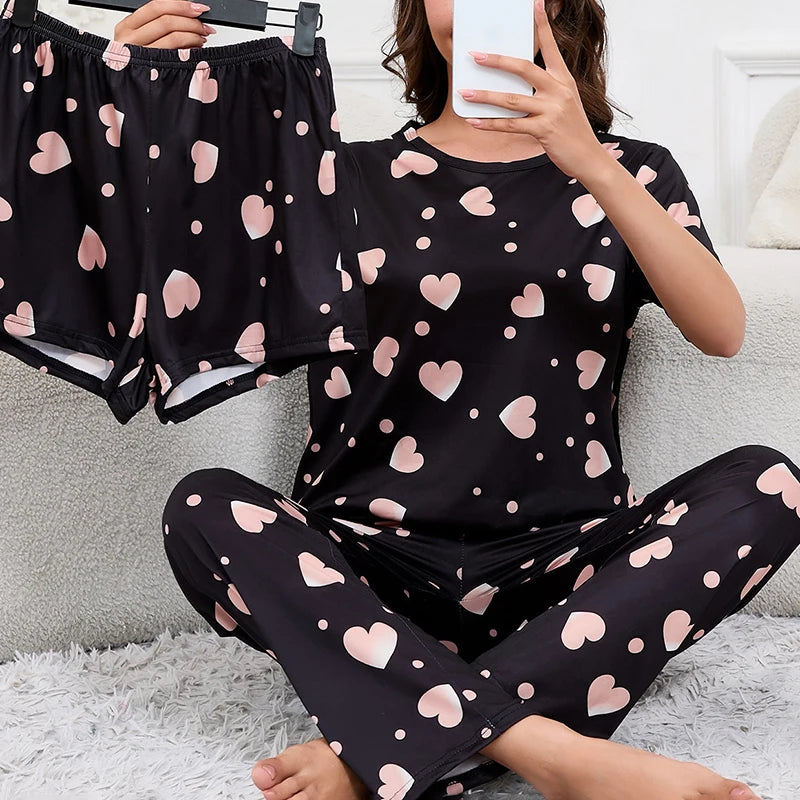 Women's Short Sleeve Crew Neck Top With Shorts And Pants 3 Piece Loungewear Sleepwear Lounge Sets Nighty Print Casual Pajama Set - Smarsty
