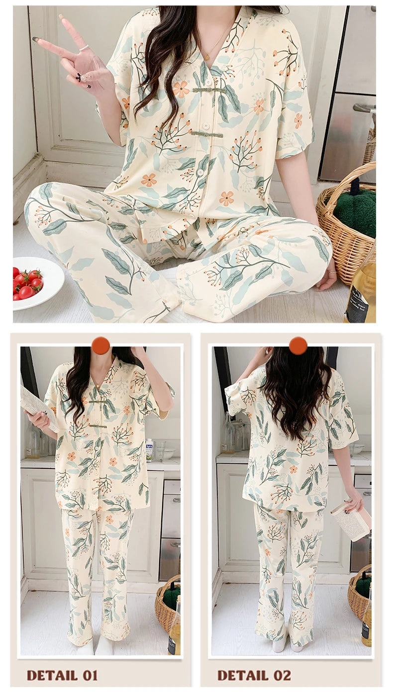 Pigma For Women Cotton Pajama Sleepwear Big Size Pajamas Nightwear Summer Women's Short Sleeved Long Pants Cardigan Pajama Set - Smarsty