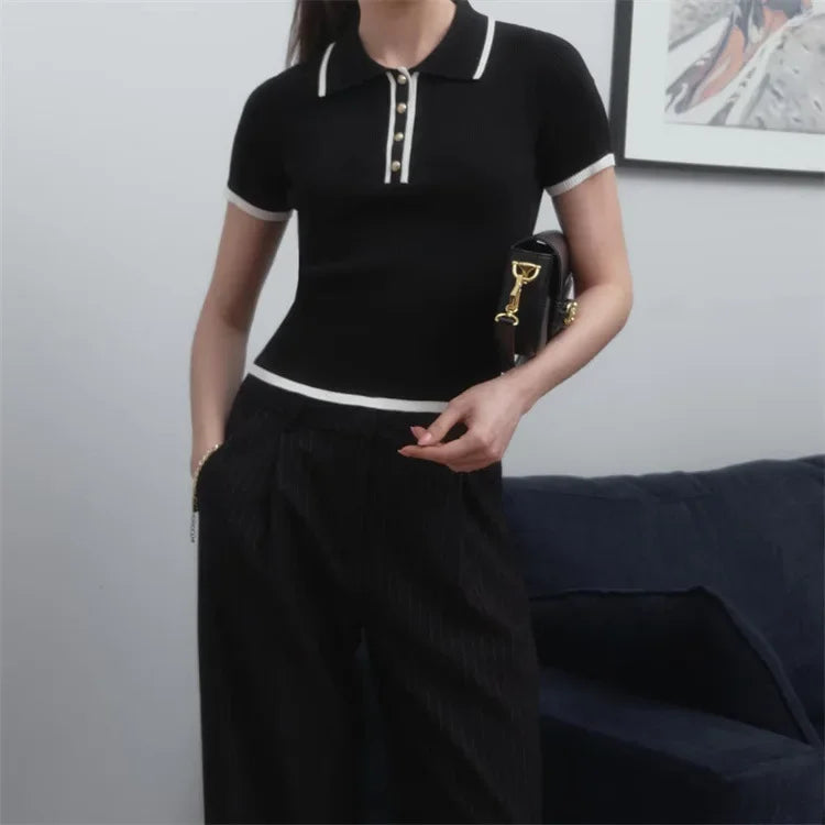 Talenza Women's Knitted Pullover Fashion Short Sleeve Patchwork Sweater Top Elegant Slim Contrast Lapel Knitted Pullover Top - Smarsty