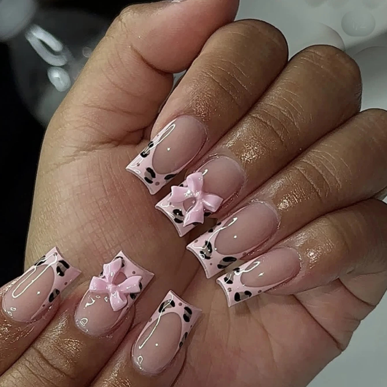 24pcs Summer Pink White Bow Design Fake Nails - Smarsty