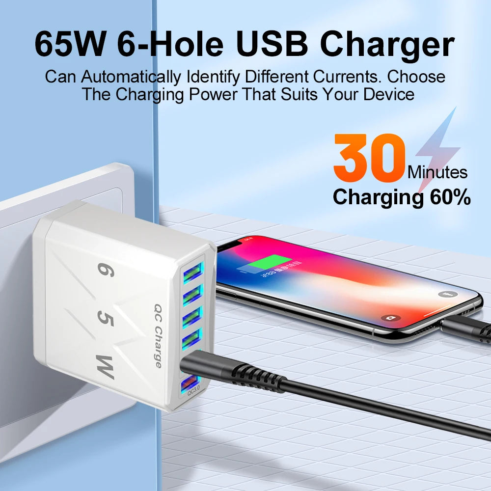 65W 6 Port USB Charger Fast USB QC3.0 Travel Adapter - Smarsty