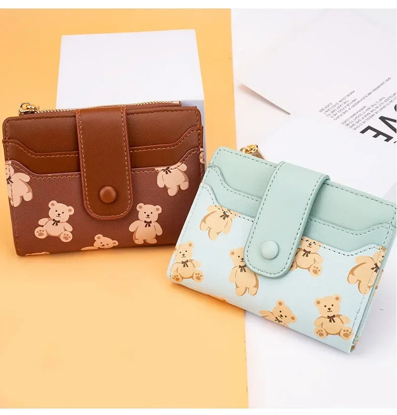 Women Short Wallets PU Leather Female Bifold Purses Cute Bear Card Holder Wallet for Girl Small Zipper Wallet with Coin Purse - Smarsty
