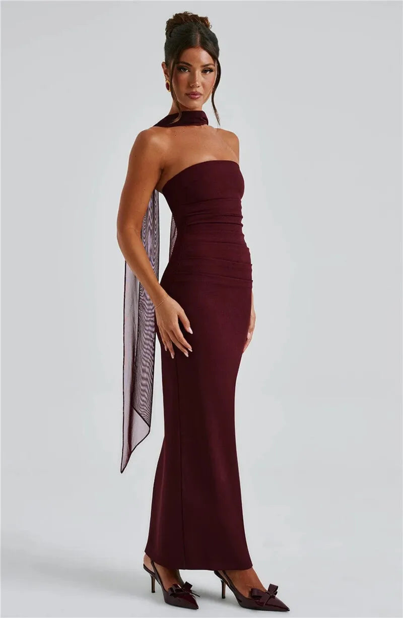 Mozision Scarf Collar Strapless Sexy Maxi Dress For Women Fashion Off-shoulder Backless Bodycon Club Party Long Dress Elegant - Smarsty