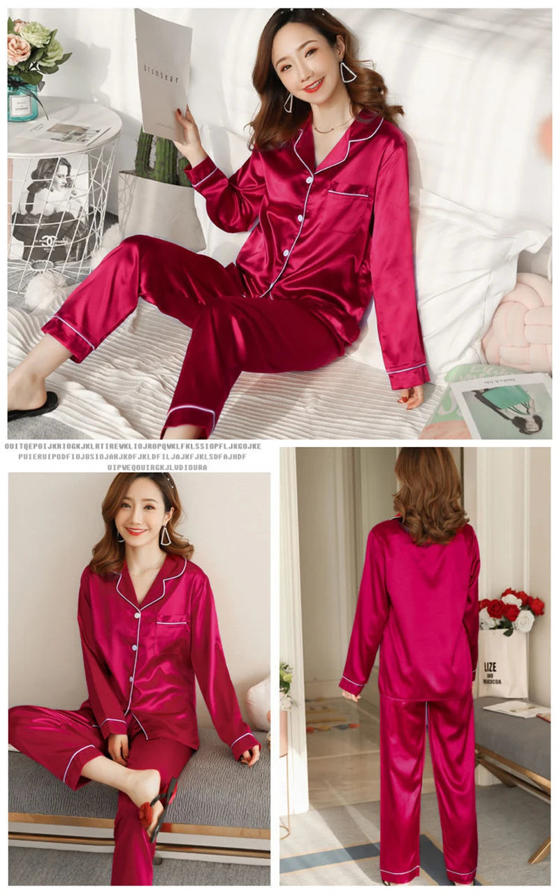 Pajamas Sets for Women 2024 Sexy Silk Women Pijama Sets Sleepwear Long-sleeve Cardigan Set Female Ice Silk Pyjamas Home Clothing - Smarsty