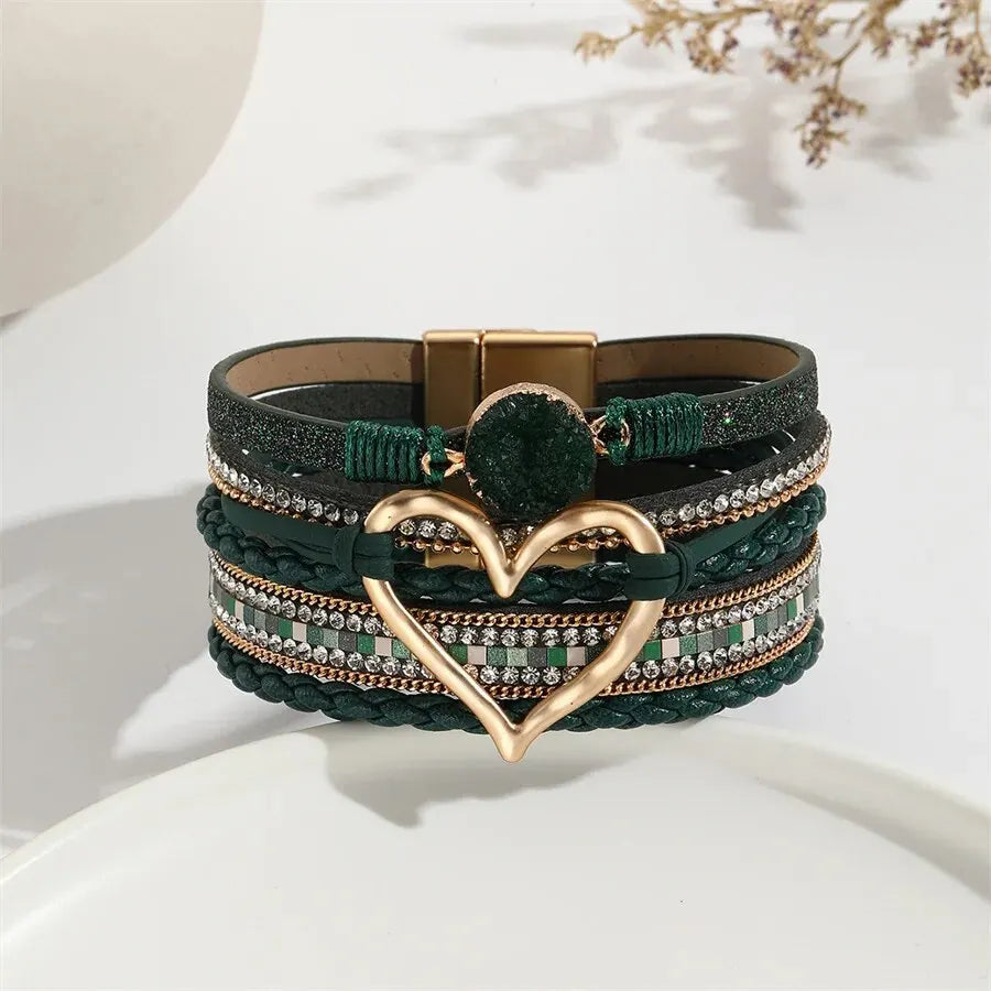 Women Leather Heart Charm Bracelet Rhinestone Wrap - Smarsty