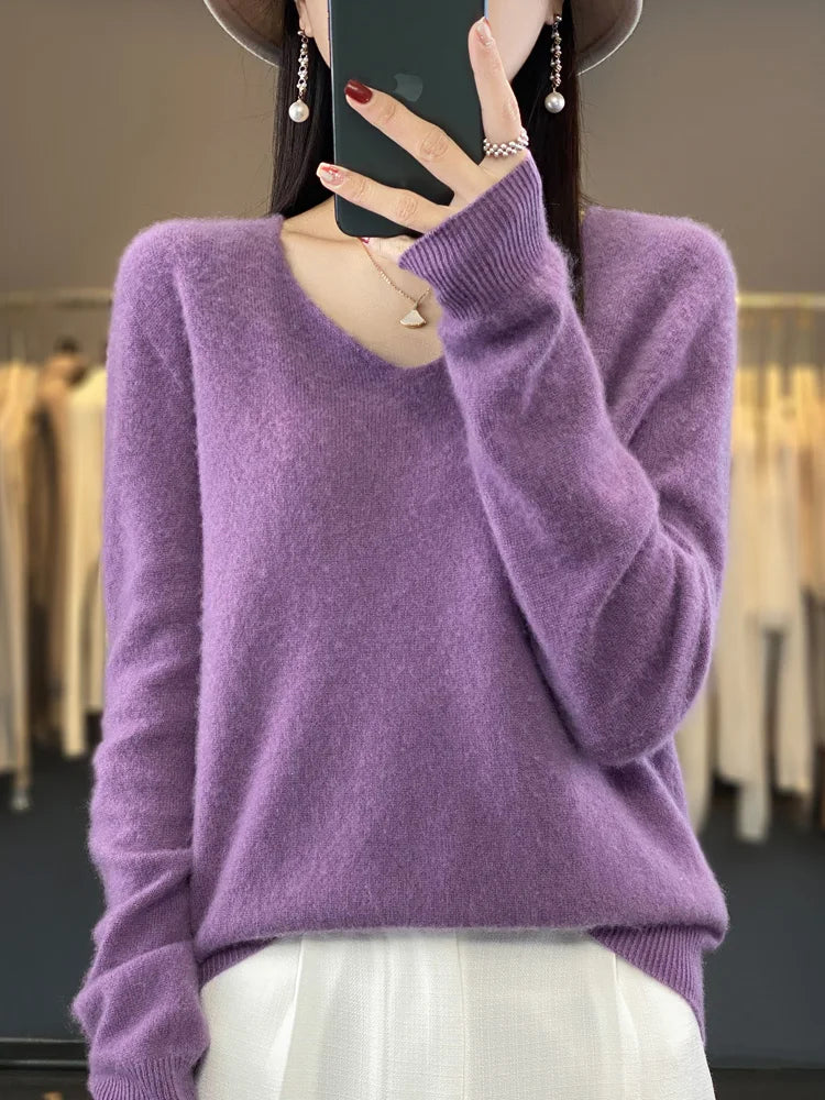 Fashion100% Merino Wool Sweater Cashmere Pullover Women Knitwear V-Neck Long Sleeve Autumn Winter Fashion Basic Clothing Tops - Smarsty