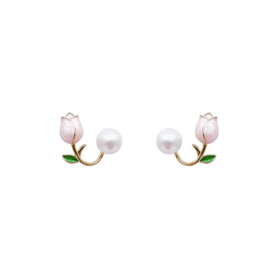 Elegant Rose Stud Earrings With Imitation Pearl Pink Tulip - Smarsty