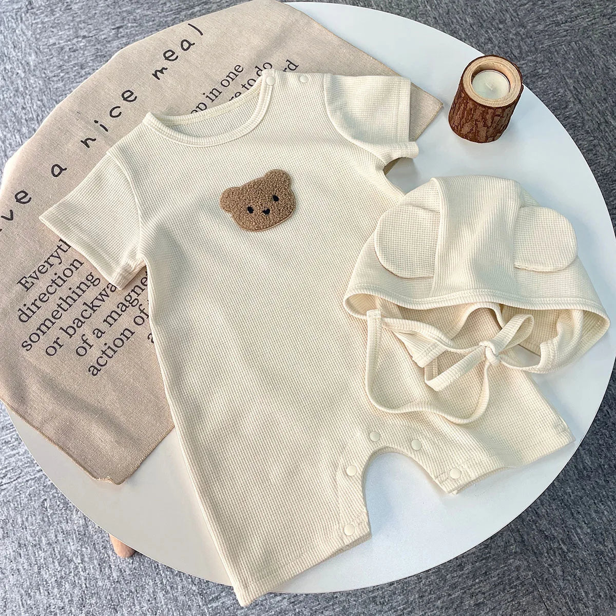 New In Summer Kids Baby Girls Boys Short Sleeve Waffle Patch Bear Infant Newborn Jumpsuits Cotton Romper Gift Hat with Ear by Smarsty