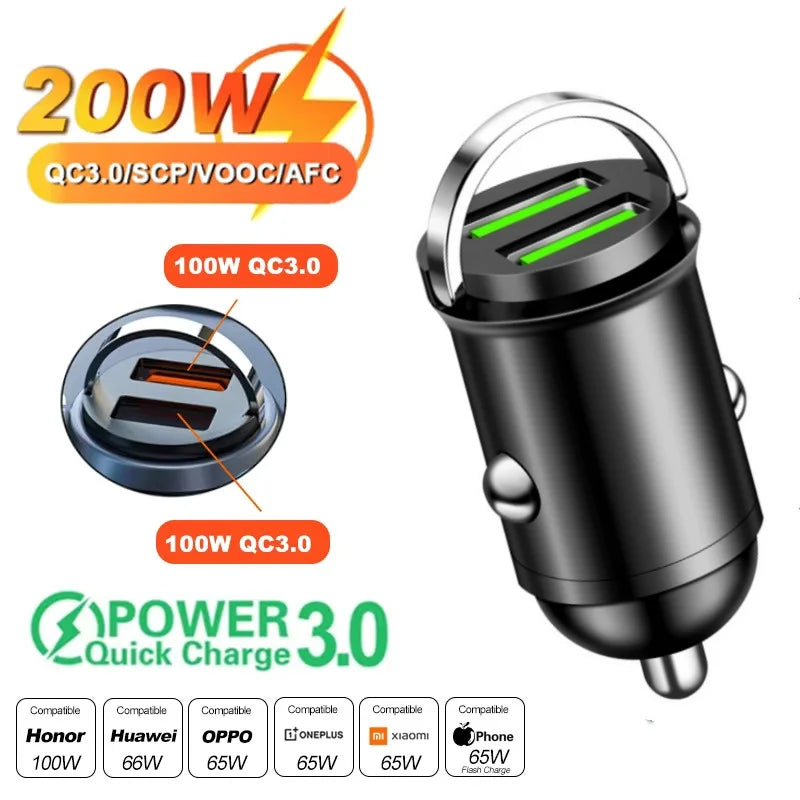 100W/200W QC3.0 PD Mini Car Charger 12-24V Lighter Fast Charging Car USB Type C Charger for Xiaomi Samsung Huawei iPhone Power - Smarsty