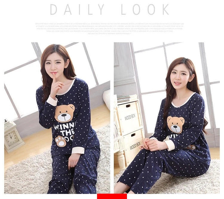 2PCS/Set Women Fashion Long-Sleeved Pajamas Fall and Winter Cartoon Love Bear Cute Soft Loose Casual Sleepwear Outside Homewear - Smarsty