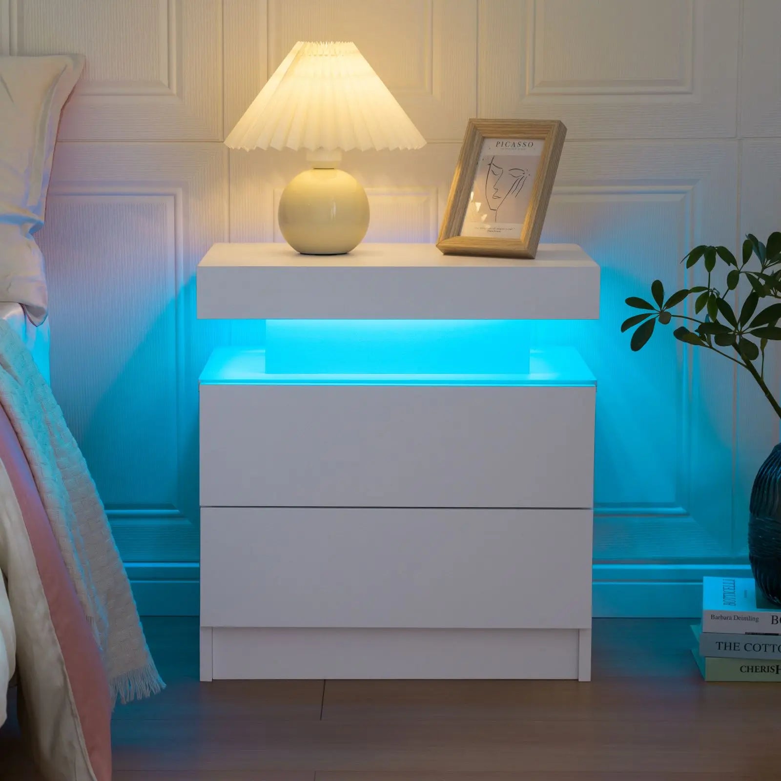 Cubehom LED Nightstands with 2 Drawers, End Table with RGB LED Lights for Bedroom Living Room, White Bedside Table