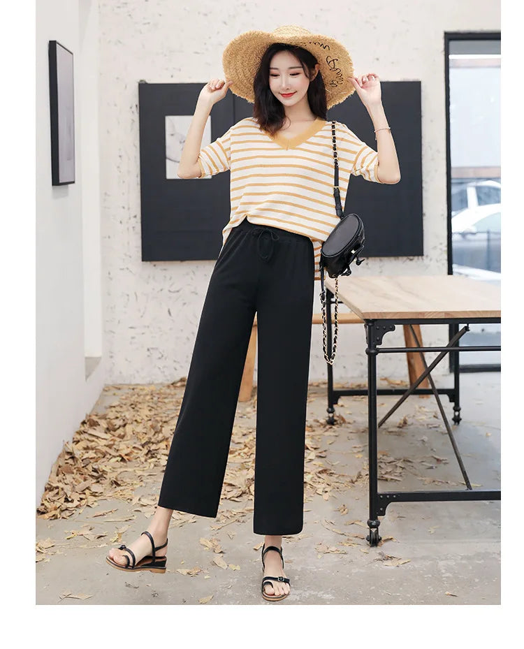 Women Ankle-Length Wide Leg Pants Casual Summer Solid Elastic Waist Loose Ice Silk Pants Spring Summer Female Trousers - Smarsty