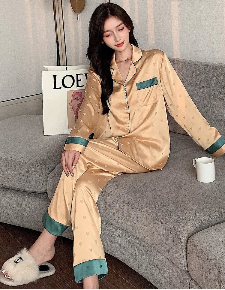 Top Autumn New Ice Silk Women Pajama Lapel Button Cardigan Outfits for Women 2 Piece Set Fashion Printing Set Clothes for Women - Smarsty