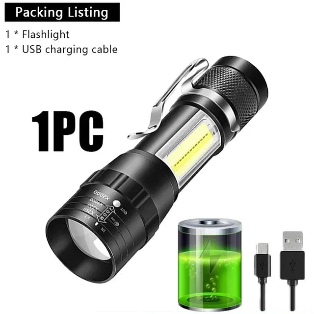 Portable Rechargeable LED Flashlight with Pen Clip Zoomable Waterproof Torch with Side Light Outdoor Camping Emergency Lantern - Smarsty