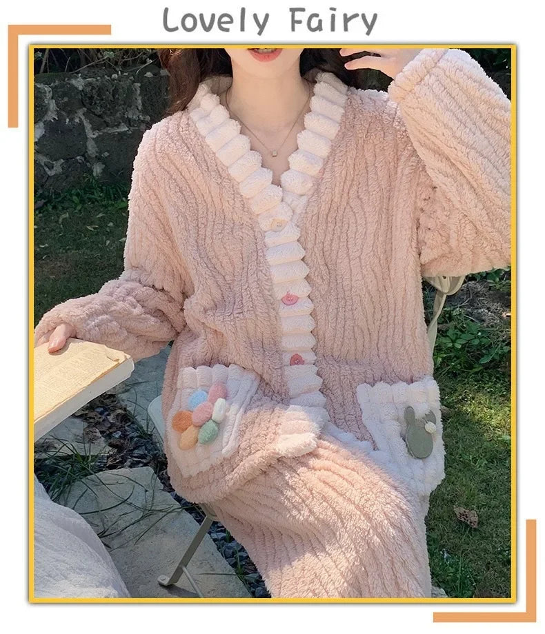 Thickened Warm Flannel Women Sleepwear Loungewear Cardigan Suit Winter Sweet Kawaii Soft Fairy Wind Ladies Pajamas Homewear - Smarsty