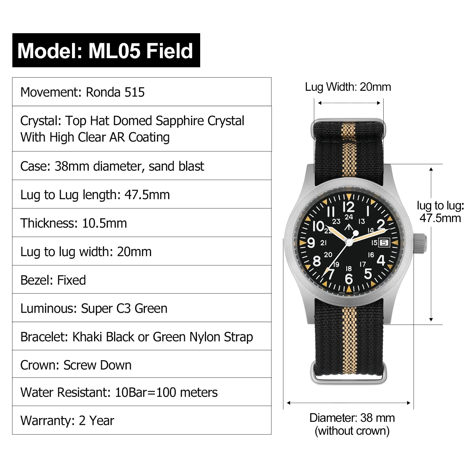 Militado ML05 Vintage Watch with Luminous Sapphire Crystal - Smarsty
