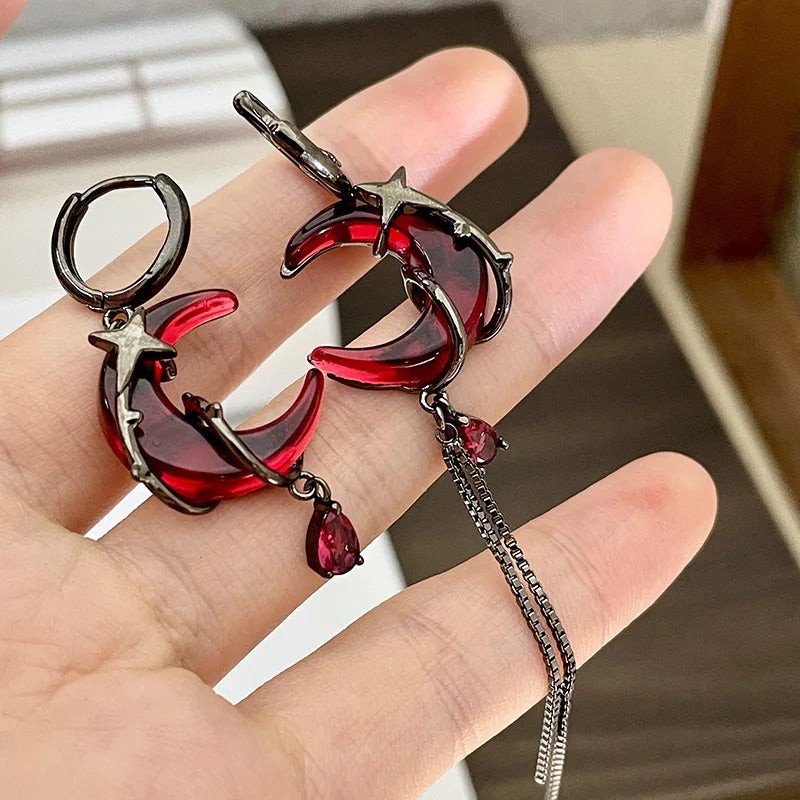 Asymmetrical Red Moon Rose Drop Earrings for Women Stylish Jewelry - Smarsty