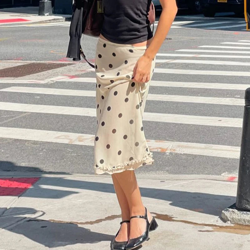 BIIKPIIK Casual Women Polka Dot Skirts Lettuce Trim Beige Elegant Midi Skirts Streetwear Simple All-match Bottom Clothing Spring - Smarsty