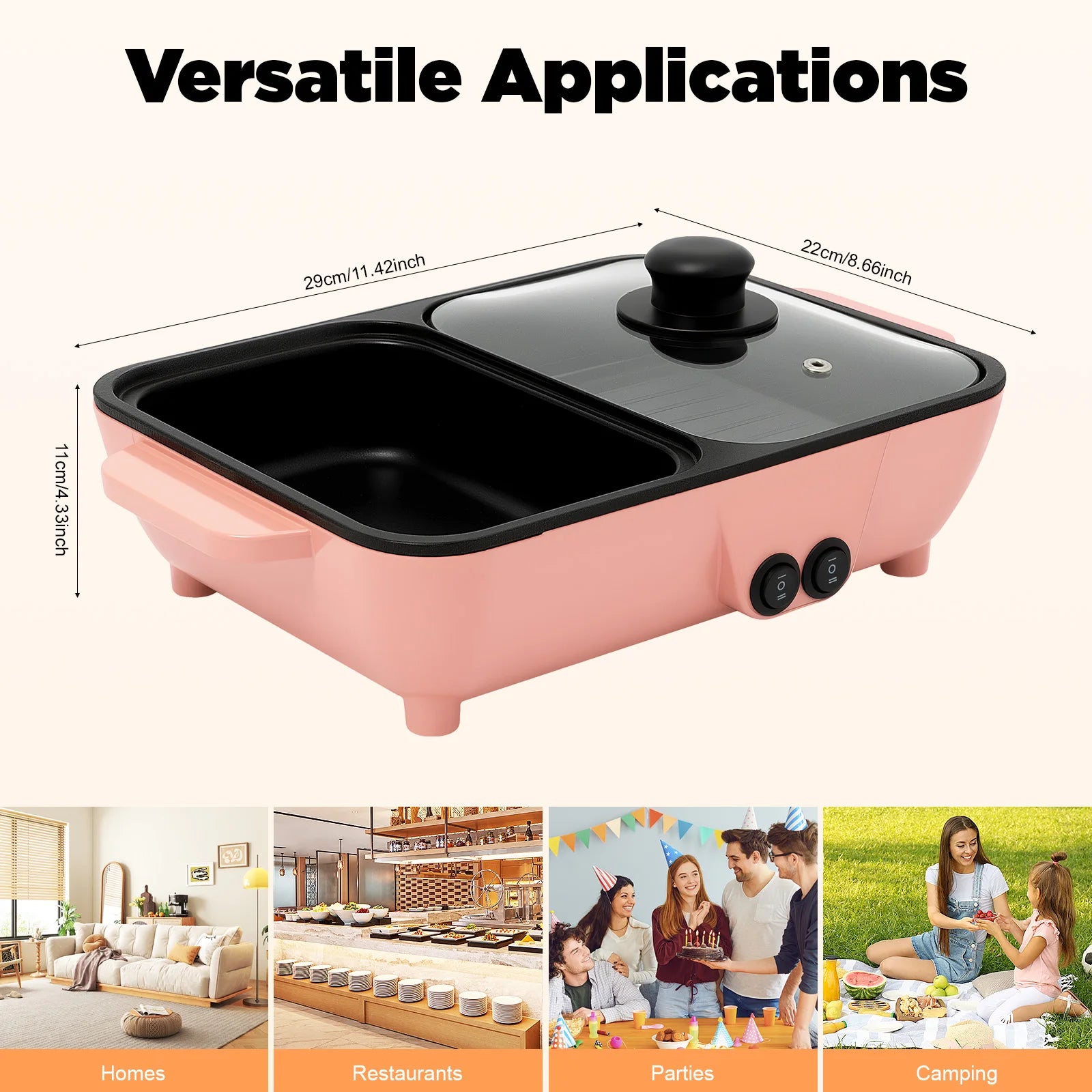2-in-1 Electric Hot Pot with Griddle Tabletop Non-stick Pan Vegetable Grill Cooker BBQ Shabu Pot Household Noodles Cooking Pot