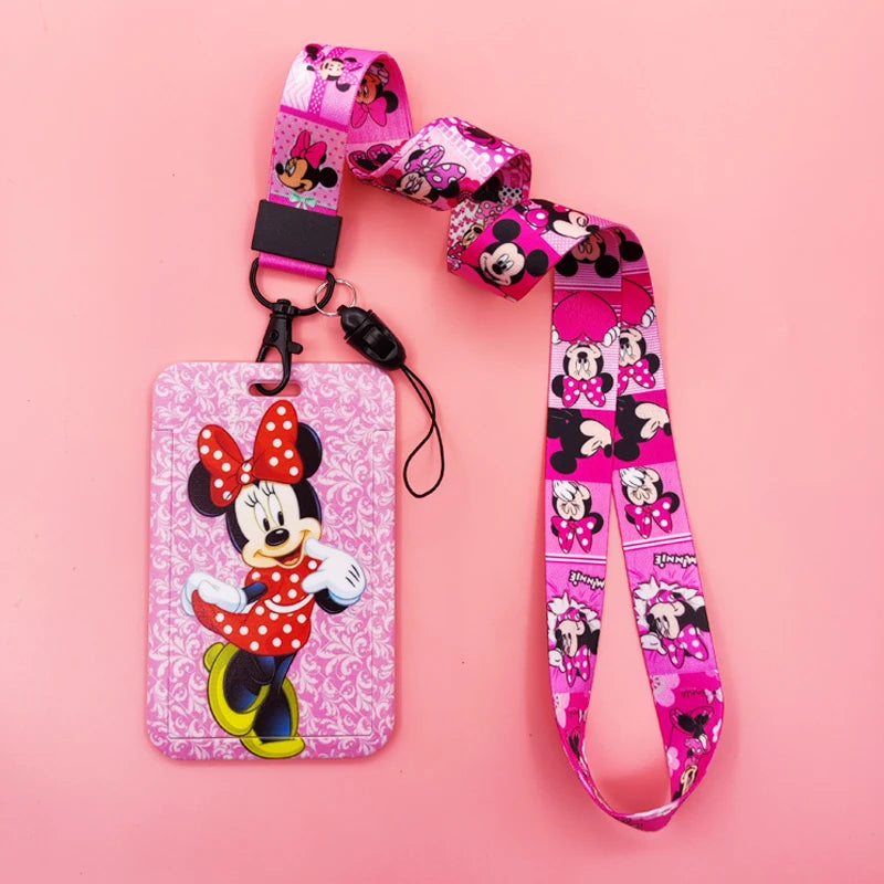 Disney Pink Lanyard ID Badge Holder Mickey Credit Card Case Neck Strap Minnie Card Holders Girl Credentials Accessories Keychain