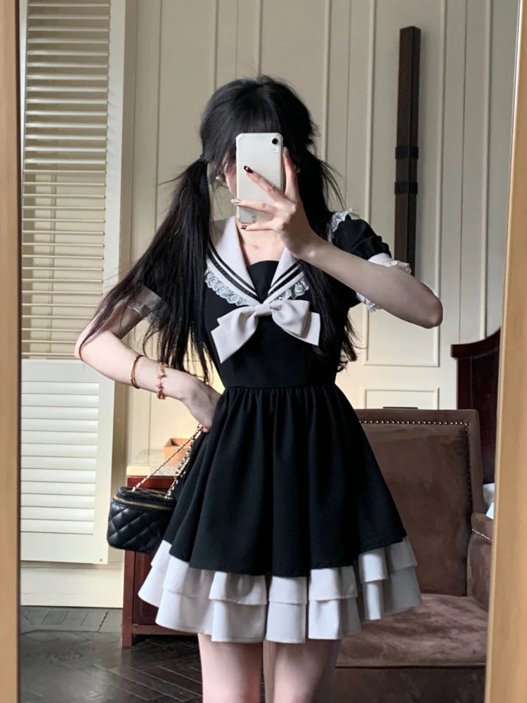 Harajuku Sweet Bow Black Plaid Dresses All-match Slim Fit Kawaii Lolita Dress for Women Autumn New Long Sleeve Vestidos De Mujer - Smarsty