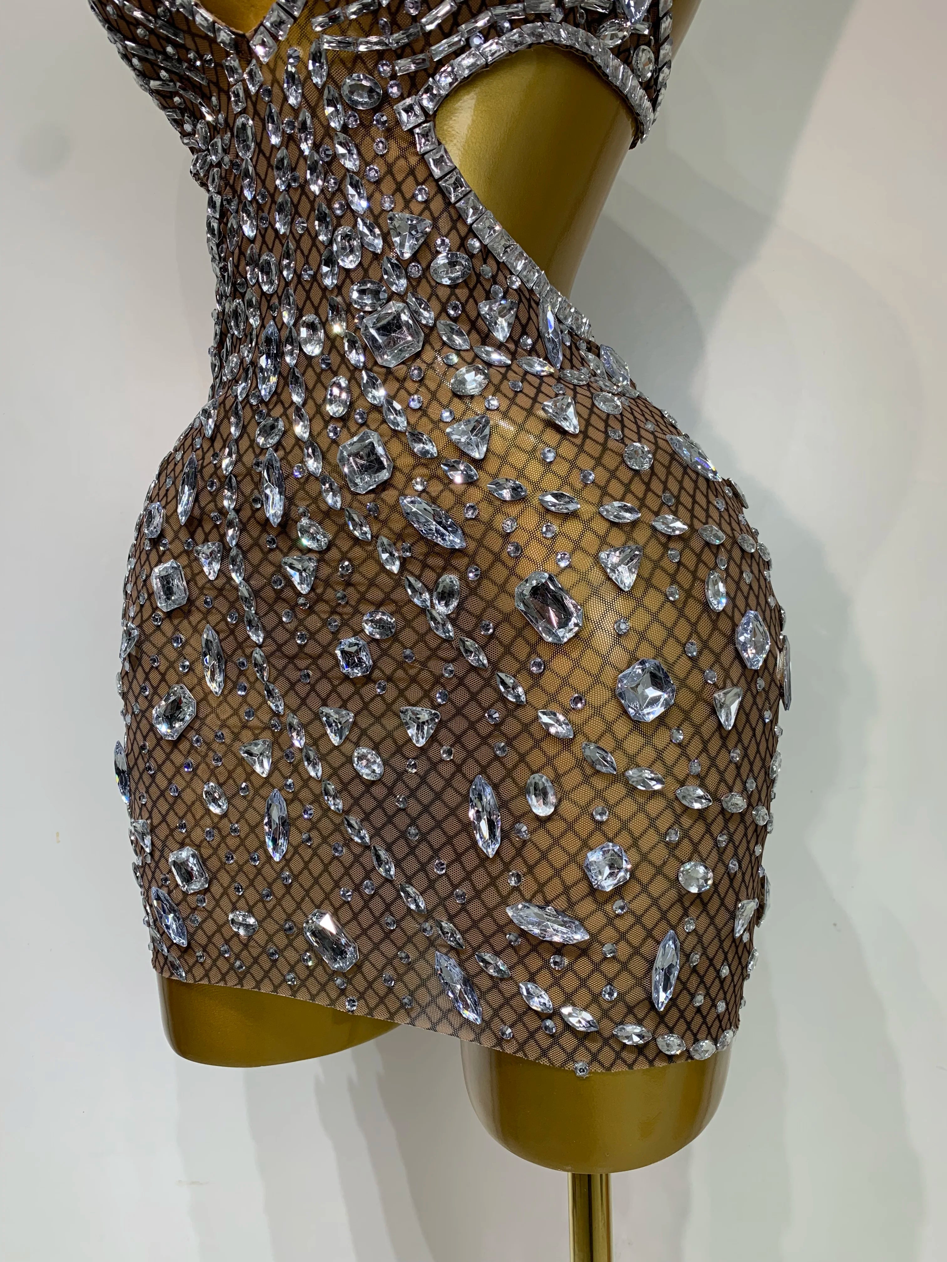 Sexy Sparkly Diamond Backless Short Dress 2025 Women Sleeveless Mesh See Through Evening Birthday Gown Singer Stage Outfit - Smarsty