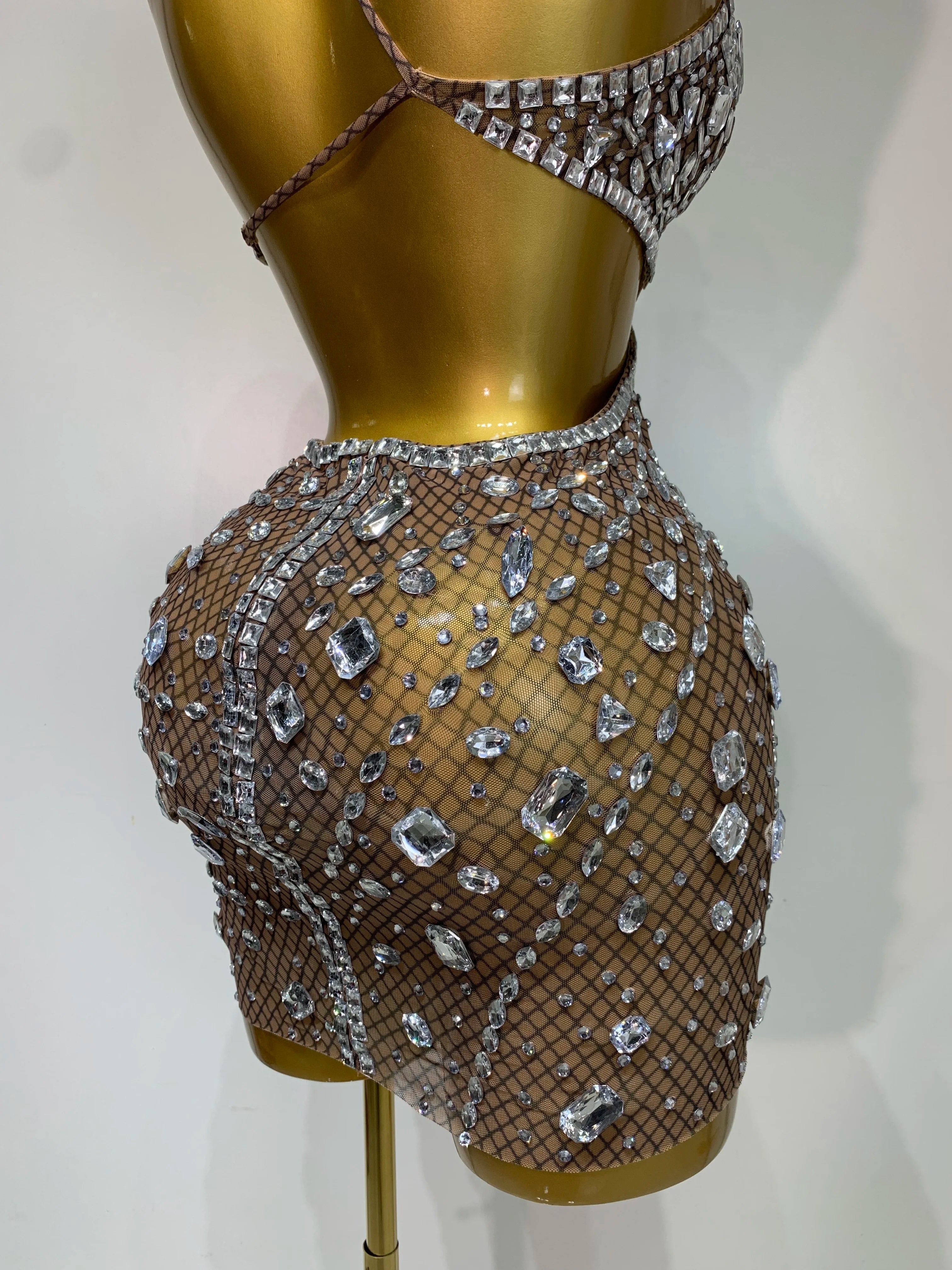 Sexy Sparkly Diamond Backless Short Dress 2025 Women Sleeveless Mesh See Through Evening Birthday Gown Singer Stage Outfit - Smarsty
