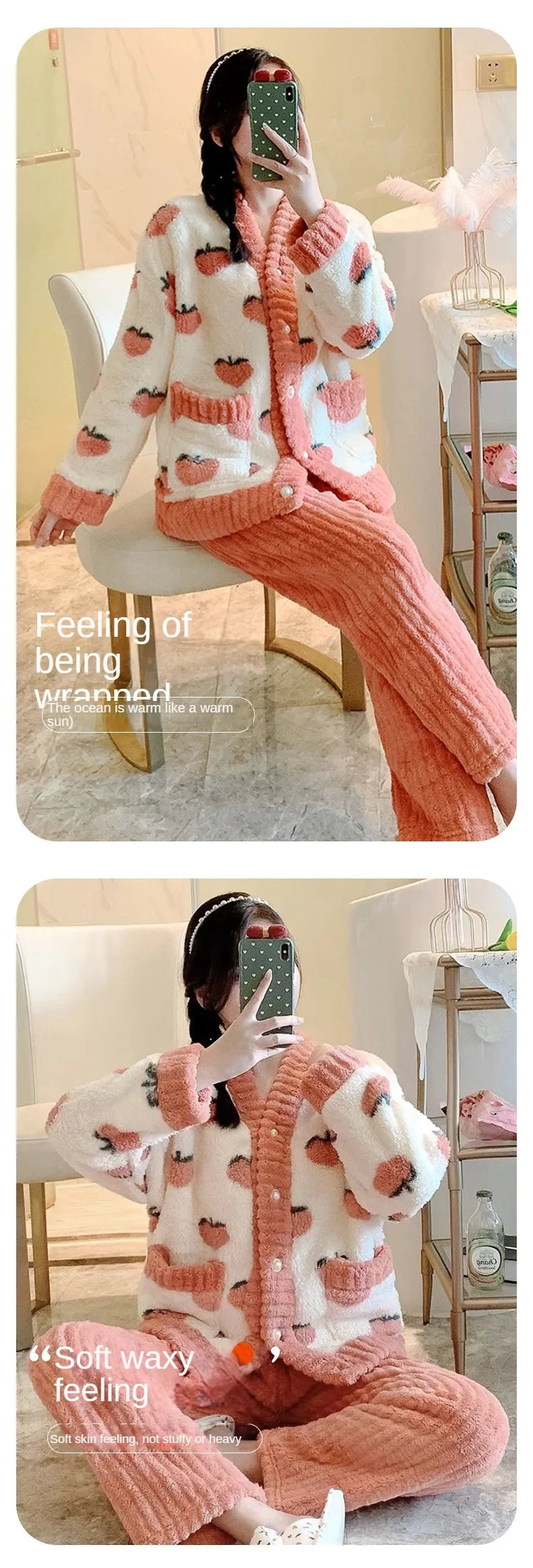Padded and Thickened Warm Flannel Women Pajamas Loungewear Winter Peach Sleepwear Homewear Coral Velvet Two-Piece Set Nightwear - Smarsty