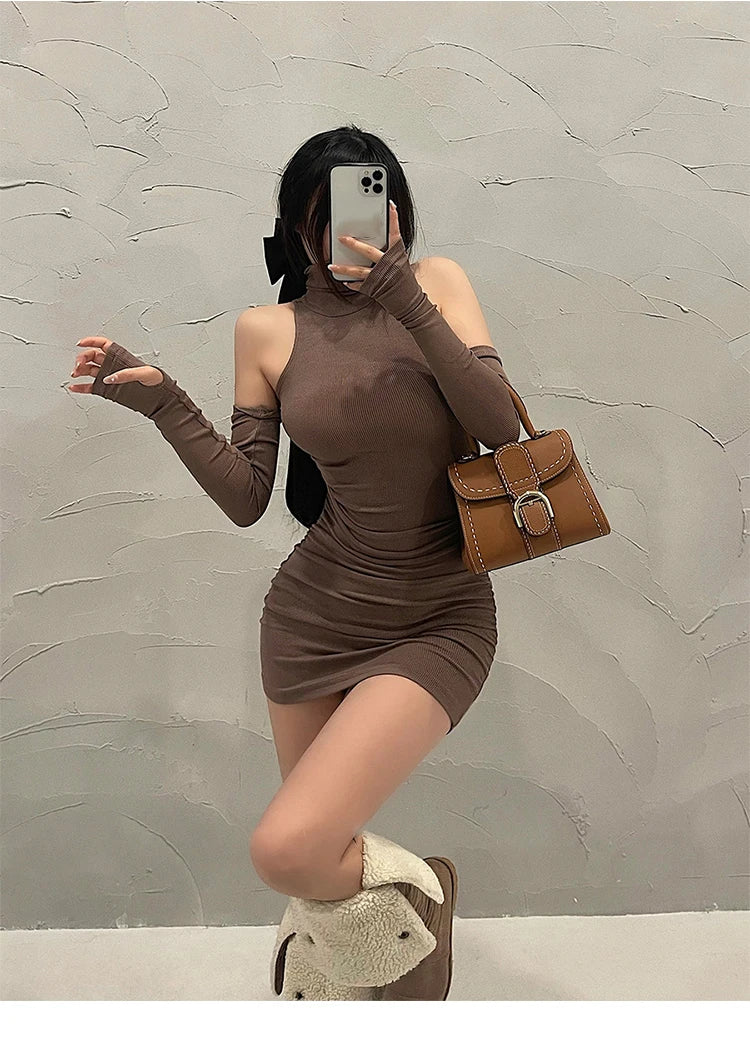 Summer Sexy High Neck Tight Dress Oversleeve Pleated Bottom Wrapped Hip Dress Women Bodycon - Smarsty