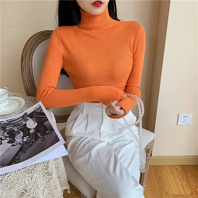 2025 Autumn Winter Women Long Sleeve Knitted Foldover Turtleneck Ribbed Pull Sweater Soft Warm Femme Jumper Pullover Clothes - Smarsty