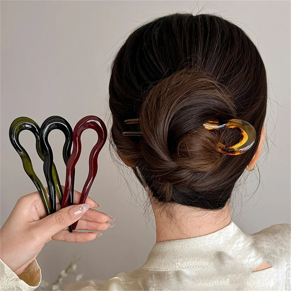 U-Shaped Hair Fork Fashion Tortoiseshell Acetate Acrylic Hairpin Geometric Headwear Hair Sticks Women Girls Hair Accessories - Smarsty