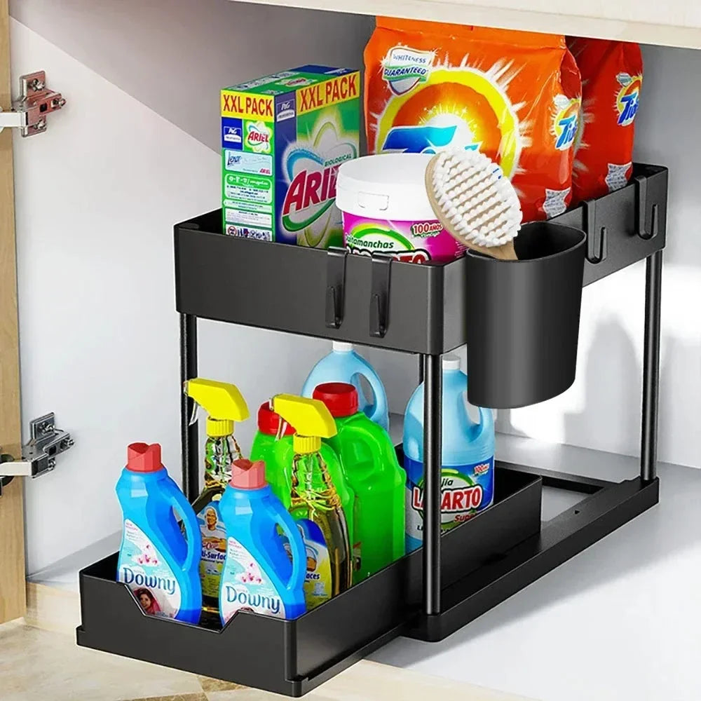 2 Tier Under Sink Organizer Sliding Cabinet Basket Organizer Storage Rack with Hooks Hanging Cup Bathroom Kitchen Organizer by Smarsty