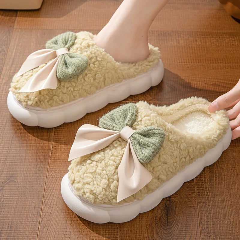 Winter Warm Fur Slippers for Women Cute bow House Non Slip Soft Shoes Comfort Flat Heel Home Indoor Bedroom Plush Slippers - Smarsty