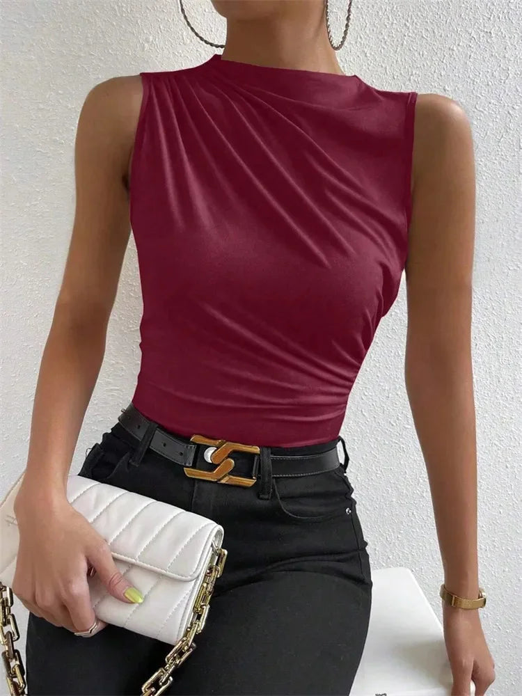 Fashion Casual Mock Neck Ruched Tank Top for Women Summer 2024 Solid Color Pleated Sleeveless Tee Shirt Tshirt Streetwear Y2K - Smarsty