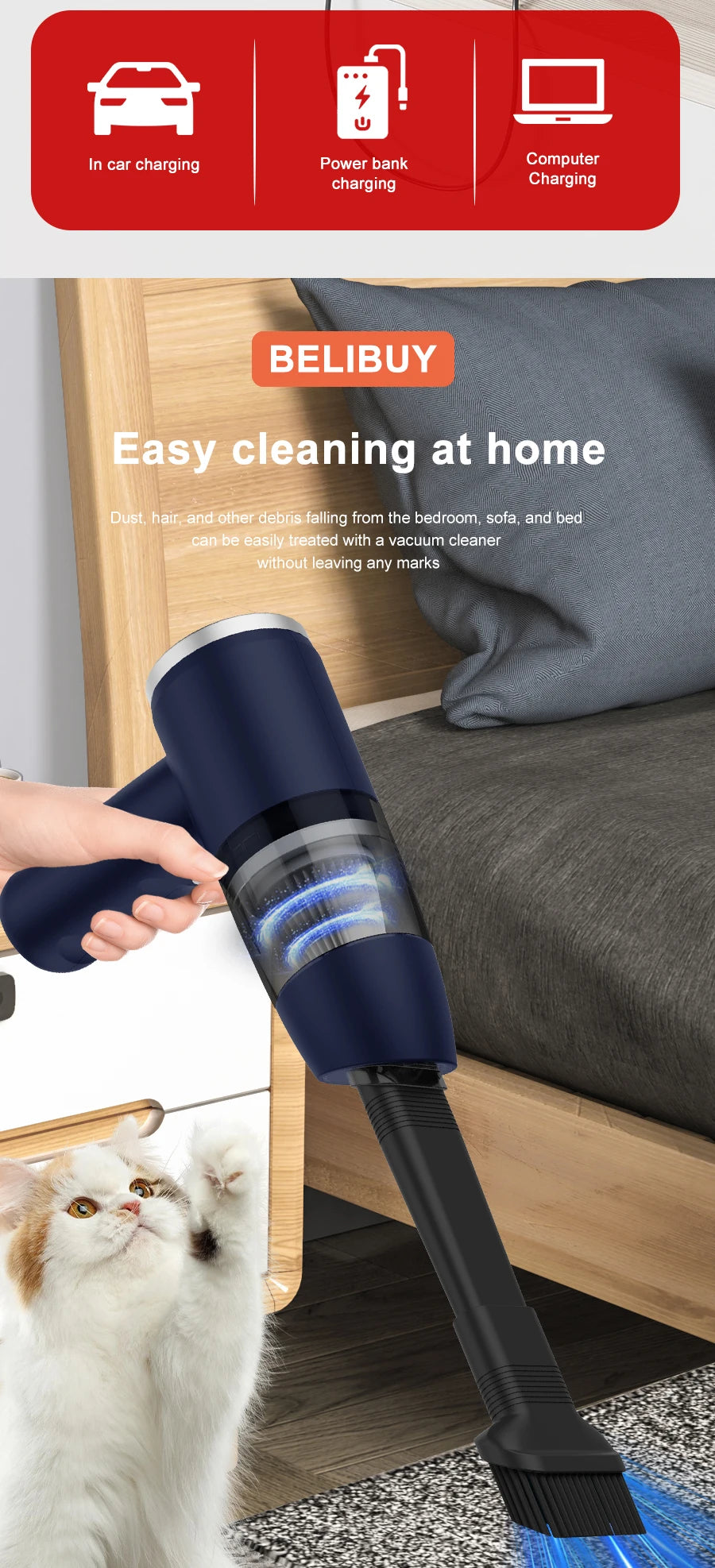 BELIBUY Car Vacuum Cleaner Portable Vacuum Cleaner home appliance High Power Mini Wireless Cleaner Carpet Vacuum Cleaner