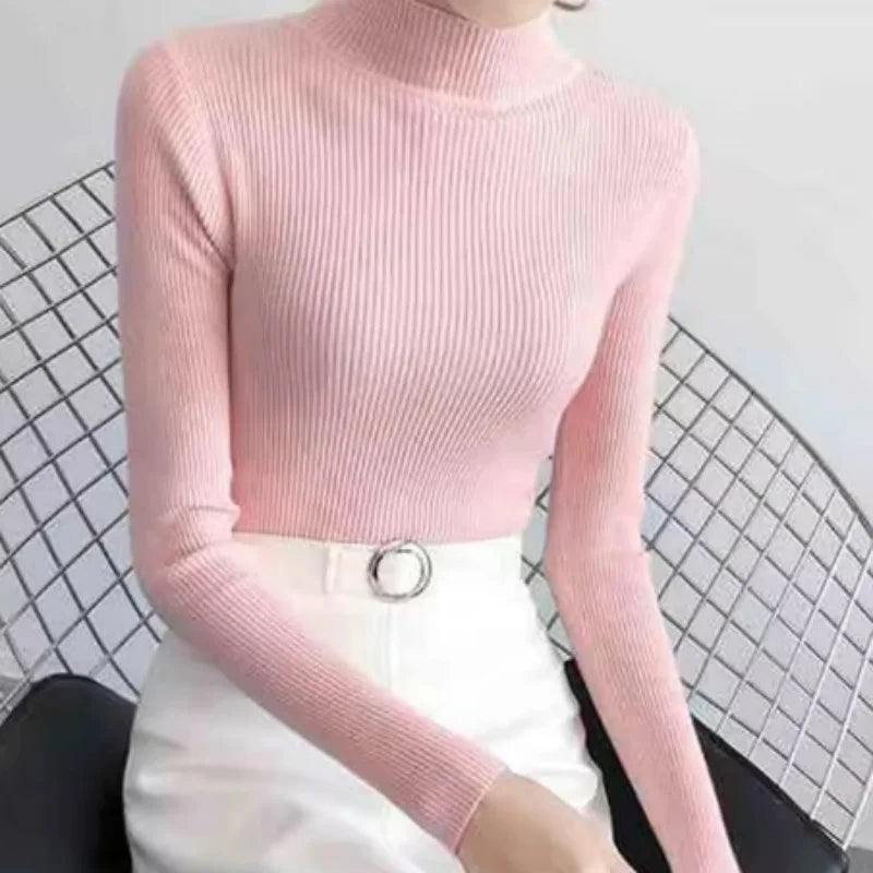 Autumn Winter Mock Neck Women Sweater Vintage Basic Solid Knitted Tops Casual Slim Pullover Korean Sweaters Simple Chic Jumpers - Smarsty