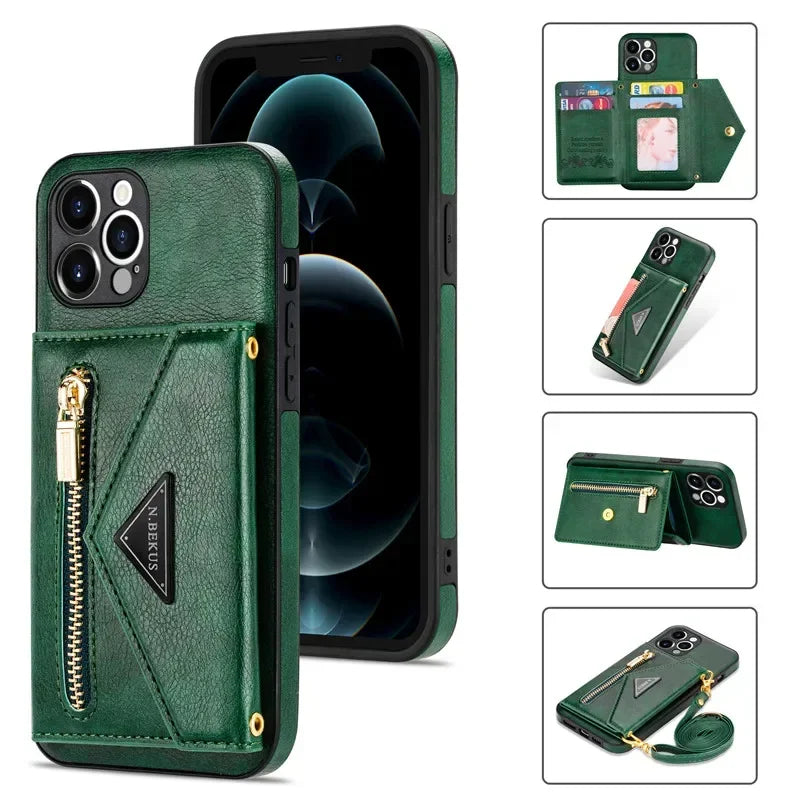Zipper Wallet Phone Case For iPhone 17 Air 16 Plus 16E 15 Pro Max Leather Card Back Crossbody Strap Leather Magnetic Wallet Phone Case by Smarsty