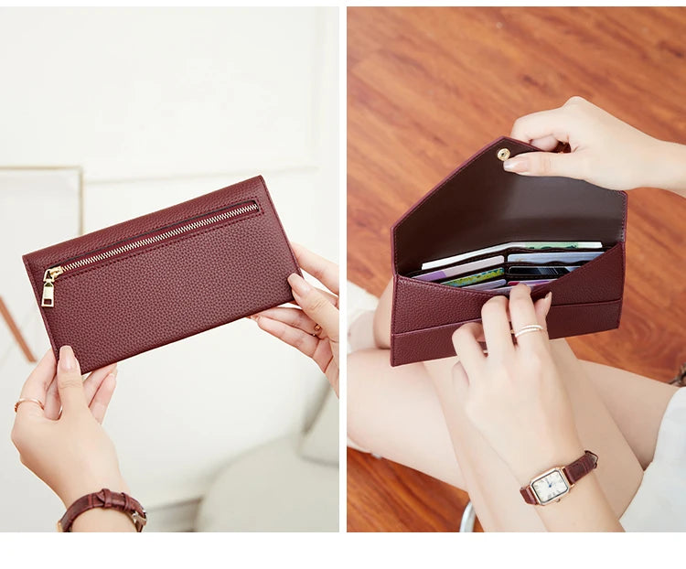 RFID Anti-Theft Purse for Women, Lychee Print, Soft Leather, Envelope Long Wallet, Ultra-thin, Portable, Simple Hand Bag