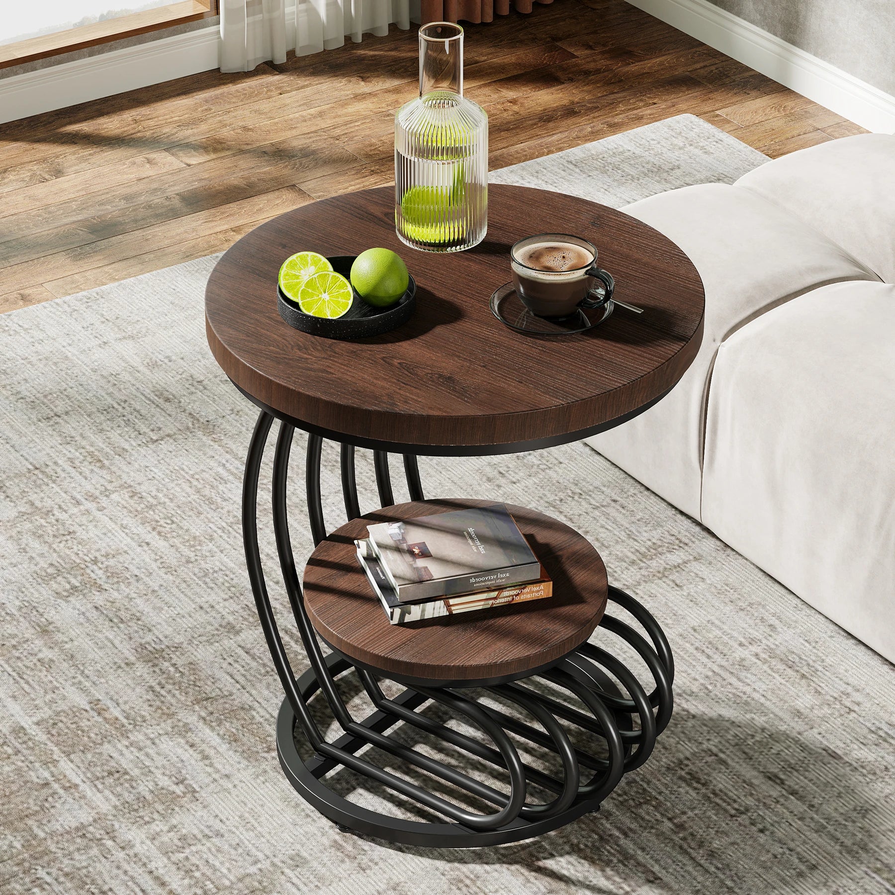 Tribesigns Gold Round End Table: 2 Tiers Faux Marble Side Table with Storage Shelf, Modern White Gold Bedside Nightstand